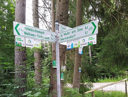 Ein Pfosten mit Pfeilwegweisern und Einschubsignets zu den touristischen Radwegen.