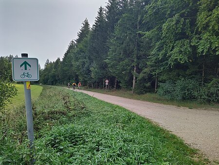 Ein weiß-grüner Zwischenwegweiser am Wegrand. Fahrradfahrer radeln auf dem Radweg.
