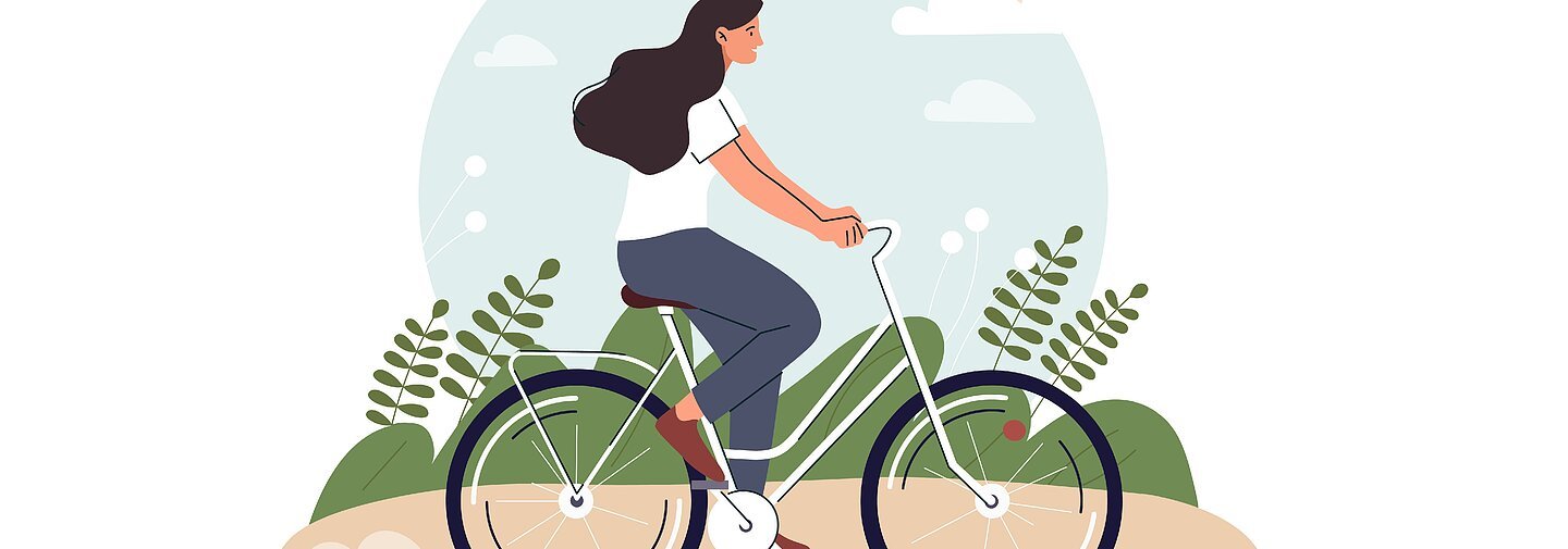 Dargestellt wird eine Grafik auf der eine junge Frau mit dunklen Haaren auf einem weißen Fahrrad fährt. Dahinter ist eine blaue Weltkugel mit Wolken und Sonne zu sehen und darunter grüne Wiese und Gräser.