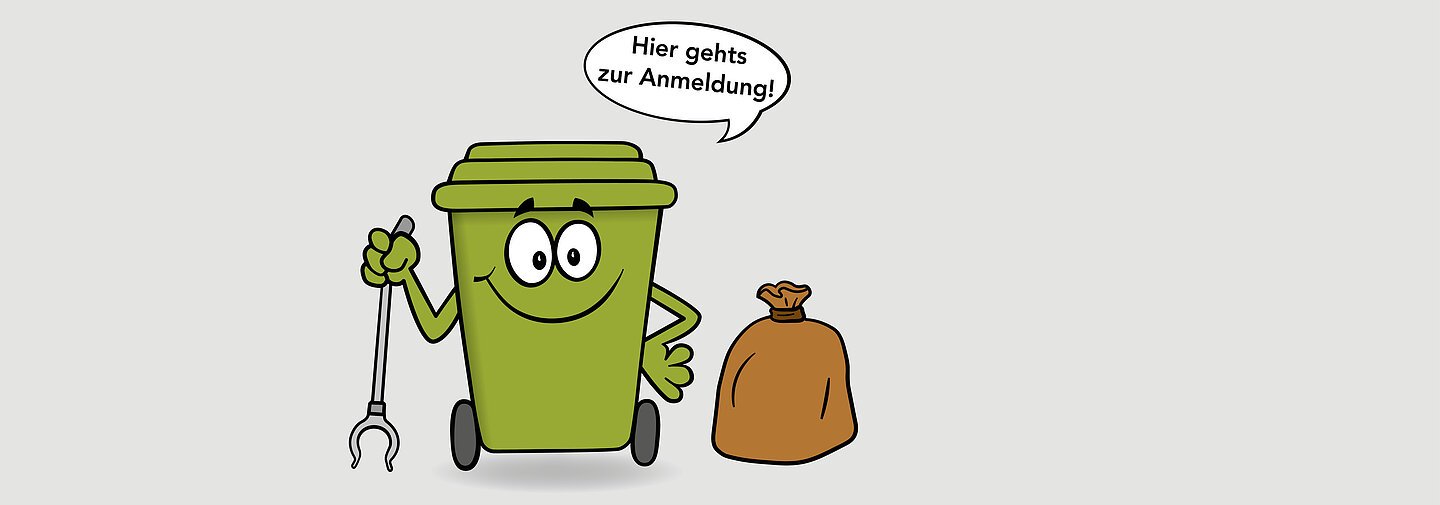 Maskottchen für den Frühjahrsputz mit Greifer und Müllsack