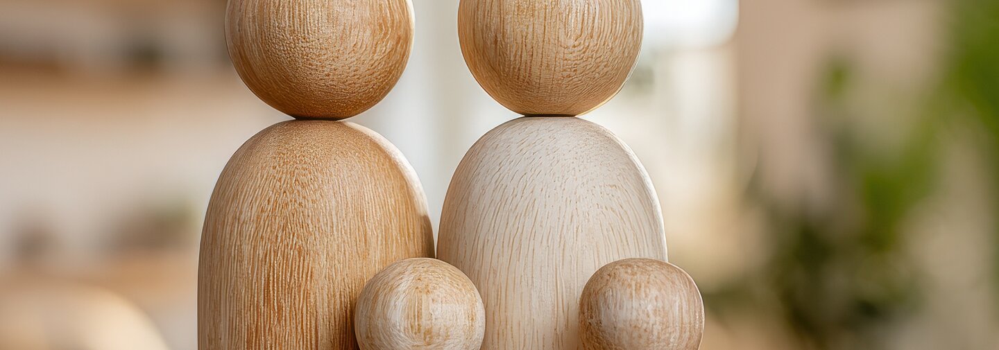 Family with children wooden figures stand together on a blurred living room background. Home ownership and insurance. Conceptual symbolizing protection, relationships and family safety. Harmony symbol