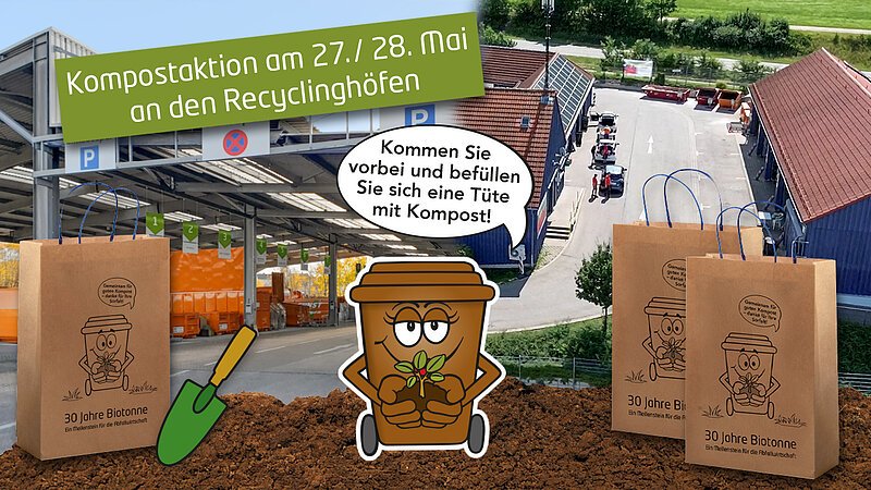 Kompostaktion an den Recyclinghöfen zur Kampagne 30 Jahre Biotonne. Maskottchen fordert zum Befüllen der Taschen an den Aktionstagen auf.